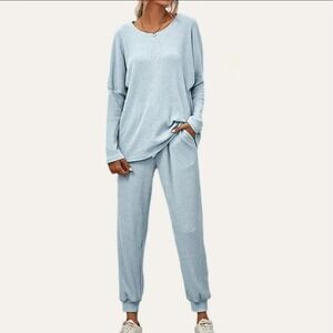 Moment‎ Womens Ribbed Knit Lounge Set Light Blue 2 Piece Joggers Pullover Large